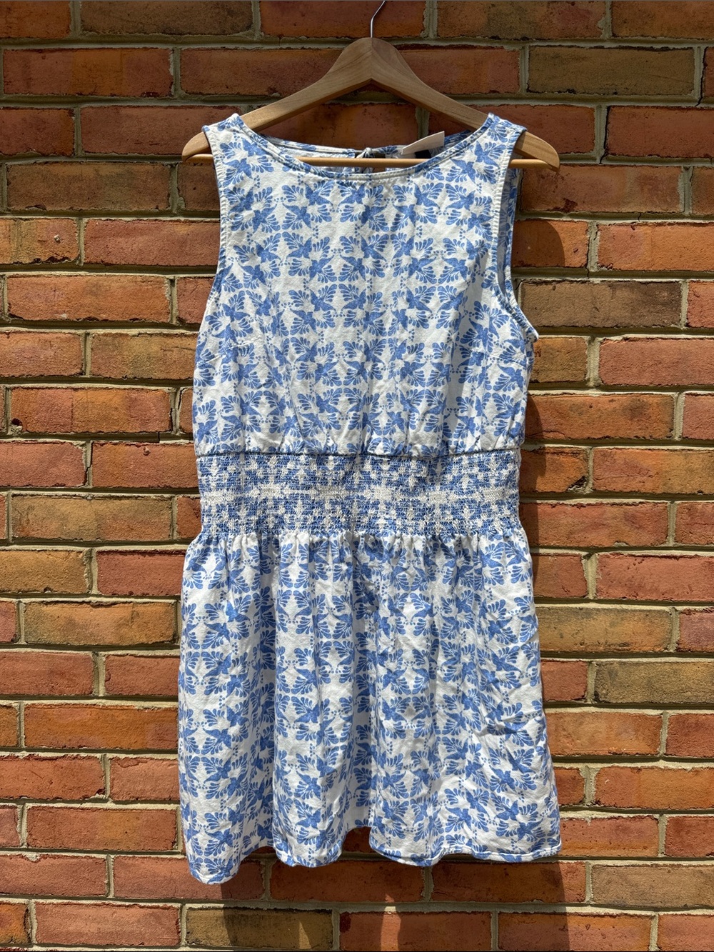 Blue and White Floral Sleeveless Smocked Waist Dress